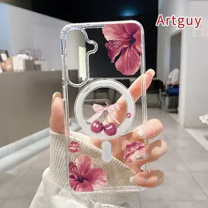 Magnetic Phone Case for Samsung Galaxy S26 Edge S23 Ultra S24 Plus FE S25 S22+ Flower Kissed Cherries Pattern Non-Yellowing Shockproof Soft Silicone Transparent Acrylic Large Hole Cover Supports Wireless Charging