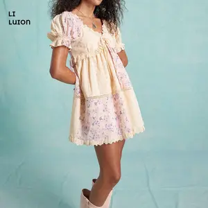 Women Cute Patchwork Babydoll Mini Dress Flowy Floral Sundress Casual Vacation Beach Dresses