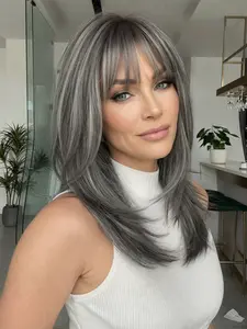 18 Inch Greyish Long Straight Wigs for Women, Gorgeous Fluffy Wigs with Blunt Bangs, Synthetic Full Machine Made Wigs for Party, Daily Use