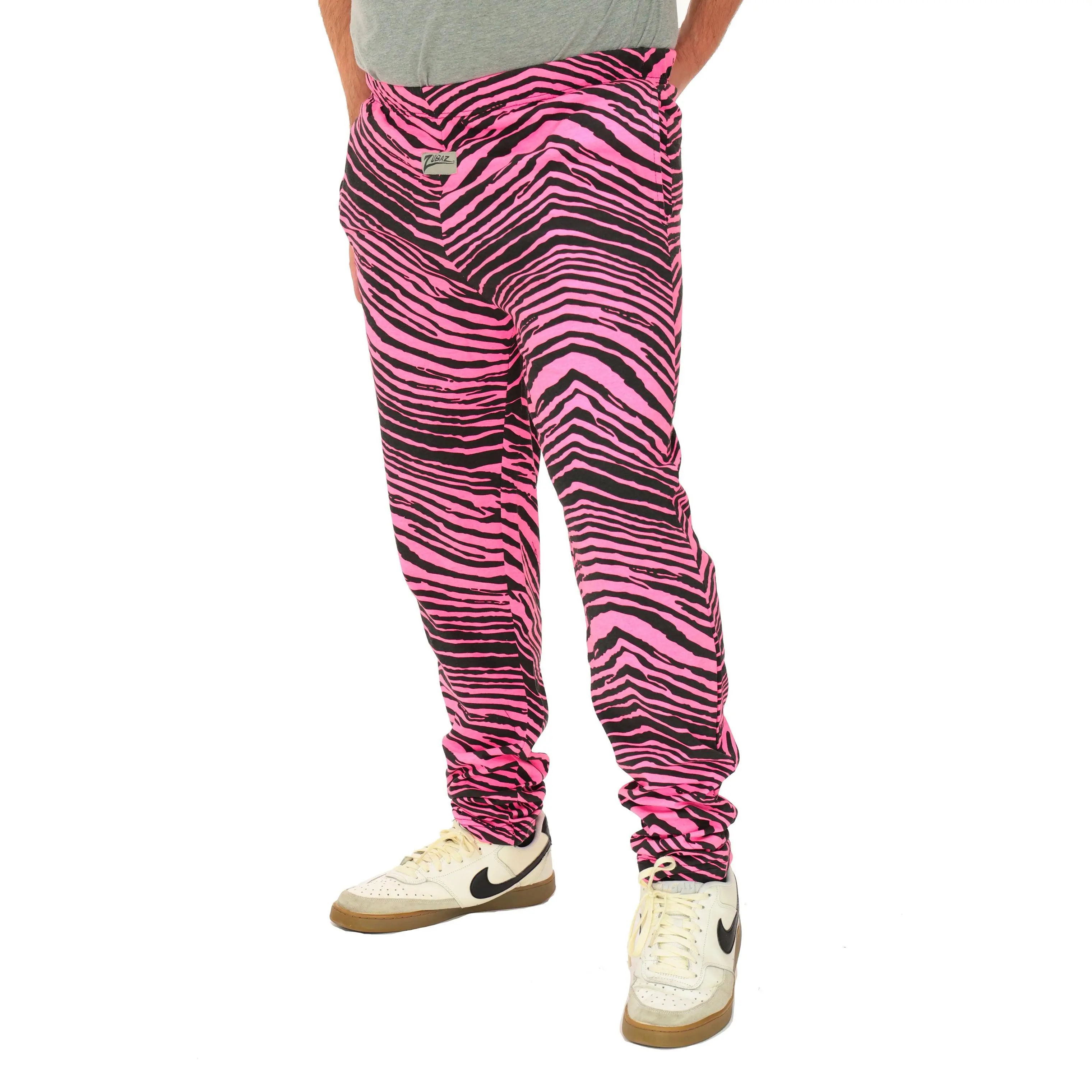 Zubaz Adult Unisex Z88 2 Color Zebra Pants, BLACK/FLUORESCENT PINK