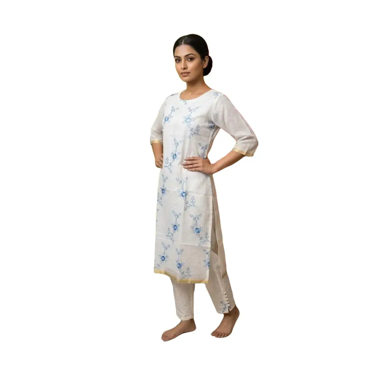 Kurthi-top8 White & Blue Floral Embroidered Kurti
