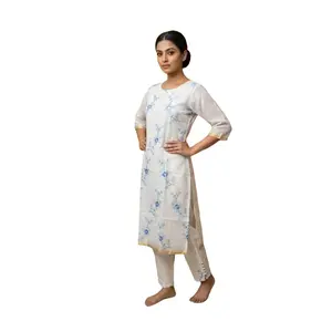 Kurthi-top8 White & Blue Floral Embroidered Kurti