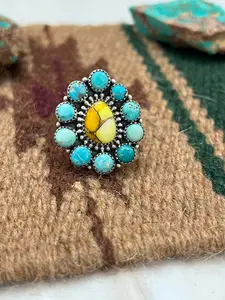 Handmade Sterling Silver White Water with Honey Dahlia Adjustable Ring with Signed Nizhoni