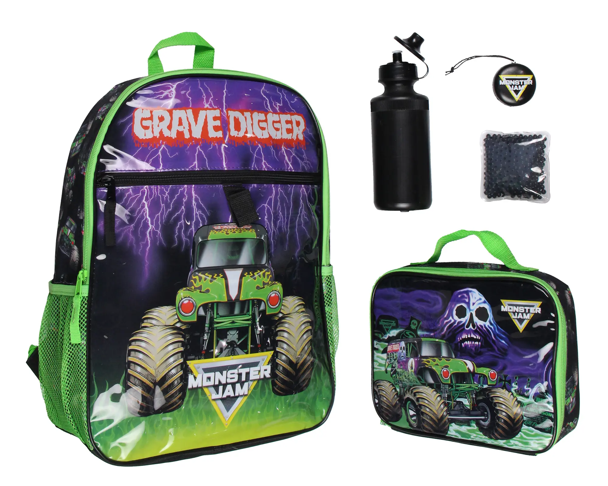 Monster Jam Grave Digger Truck 5 PC Backpack Lunch box Icepack Water Bottle Keychain 16"