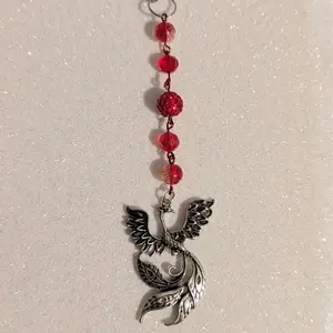 Phoenix Car Accessories Rear View Window Charm with Red Beads and Silver Phoenix Pendant for Stylish Car Decor