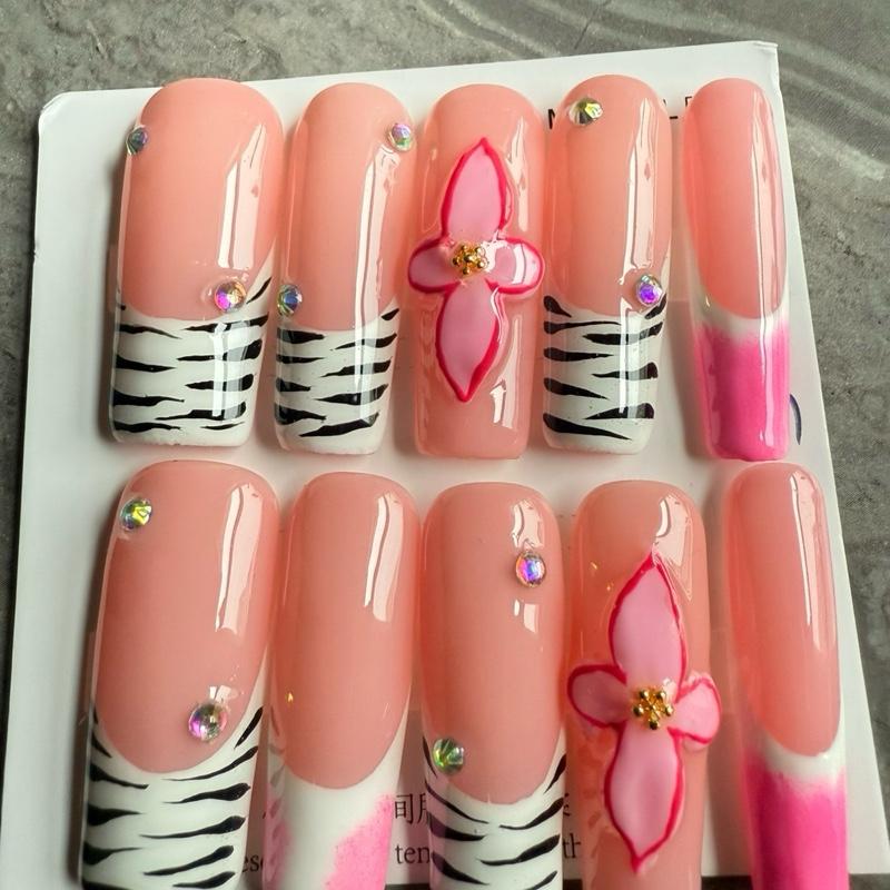 1.2 inches Square Acrylic Press-On Nails with Small Medium & Large Varieties Featuring Floral & Star Design for Stylish Manicure