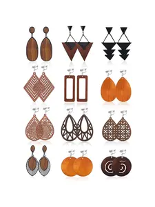 12 Pairs Wooden Clip on Earrings for Women African Natural Wooden Dangle Earrings Lightweight Drop Earrings Ethnic Statement Drop Earrings Set