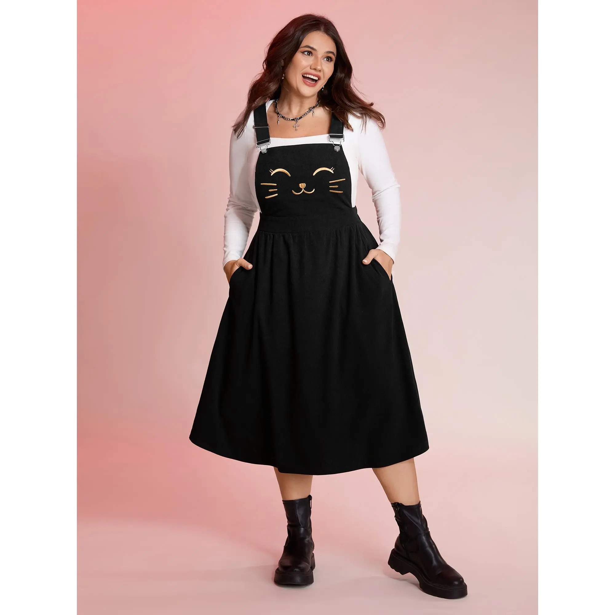 BloomChic Women's Plus Size Cat Embroidered Overall Dress, Casual Sleeveless Polyester Midi with a Simple Regular Fit and Pocket, Everyday, Midi Dress, Hand Wash Cold, 18–20 / 2X, Cartoon, Animal Shaped Casual Dresses
