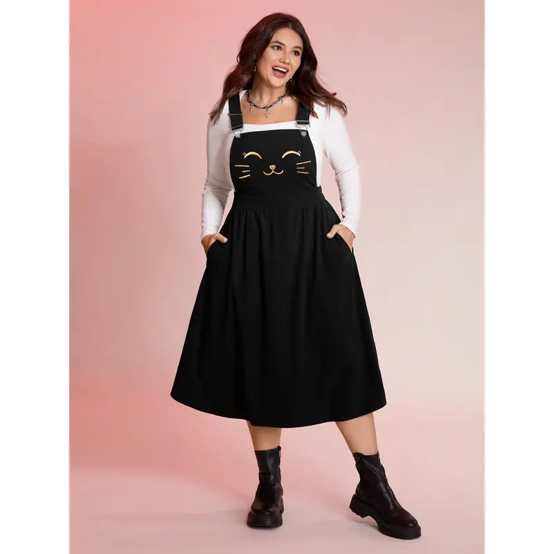 BloomChic Women's Plus Size Cat Embroidered Sleeveless Non-Stretch Polyester Midi Dress - Whimsical Clothes, Regular Fit, Pocket, Below Knee, Casual Wear, Hand Wash Cold, Size 18-20/2X, SohoChic