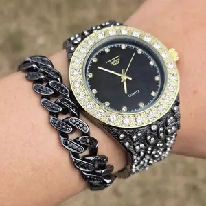 MaxBling81 Men's 43mm Hip-Hop Fashion Watch, 2-Tone Nugget Bezel with Simulated Diamonds, Round Dial, Shiny Metal Wristband & Iced Cuban Bracelet