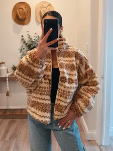 Taupe Fuzzy Fleece Zip-Front Patterned Jacket (Buttermelon)