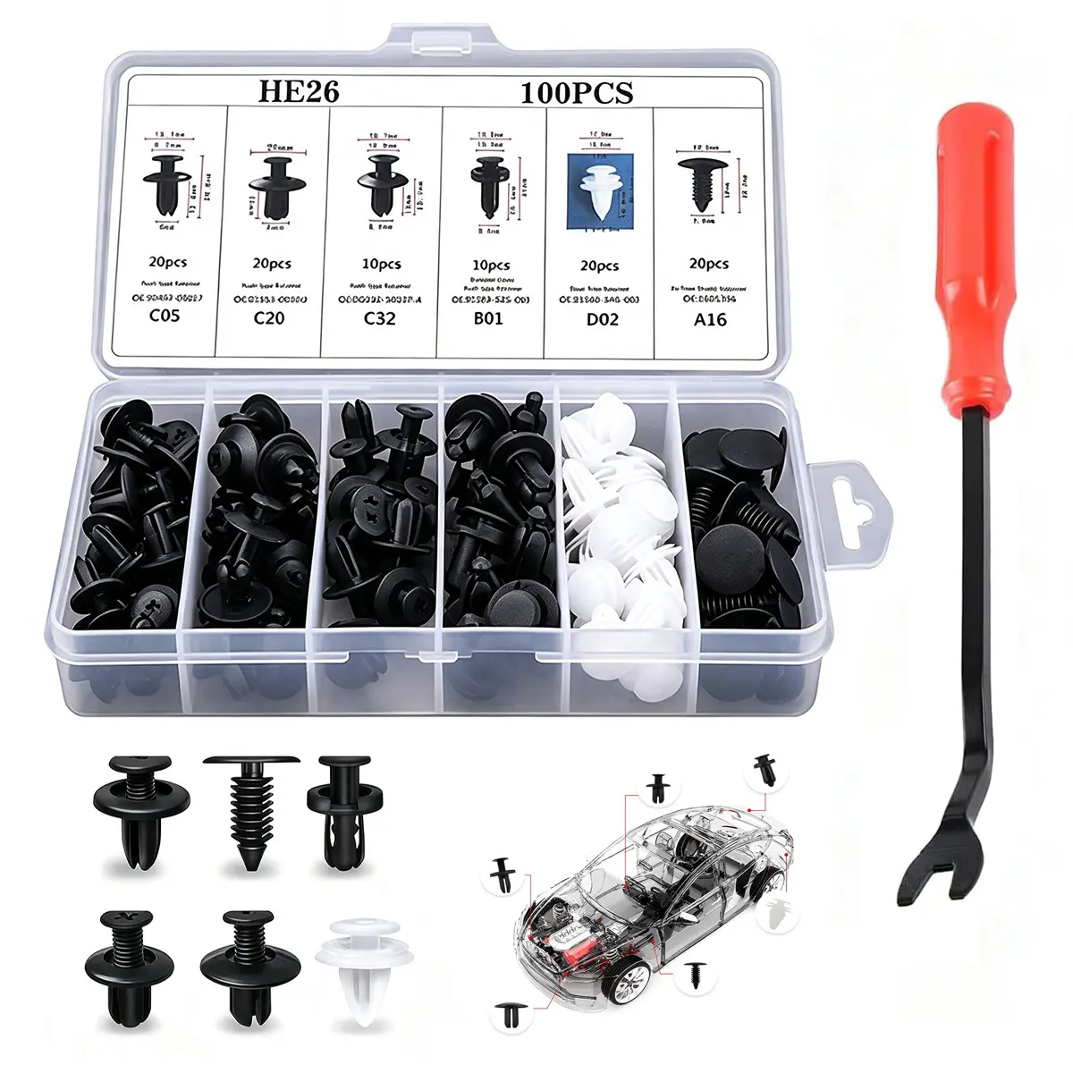 100 PCS Bumper Push Fasteners Rivet Clip Kit, ABS Retainer Expansion Screws with Removal Tool, 6 Popular Sizes Fenders/Body Fixing Clips, Universal for Most Cars, Trucks, SUVs