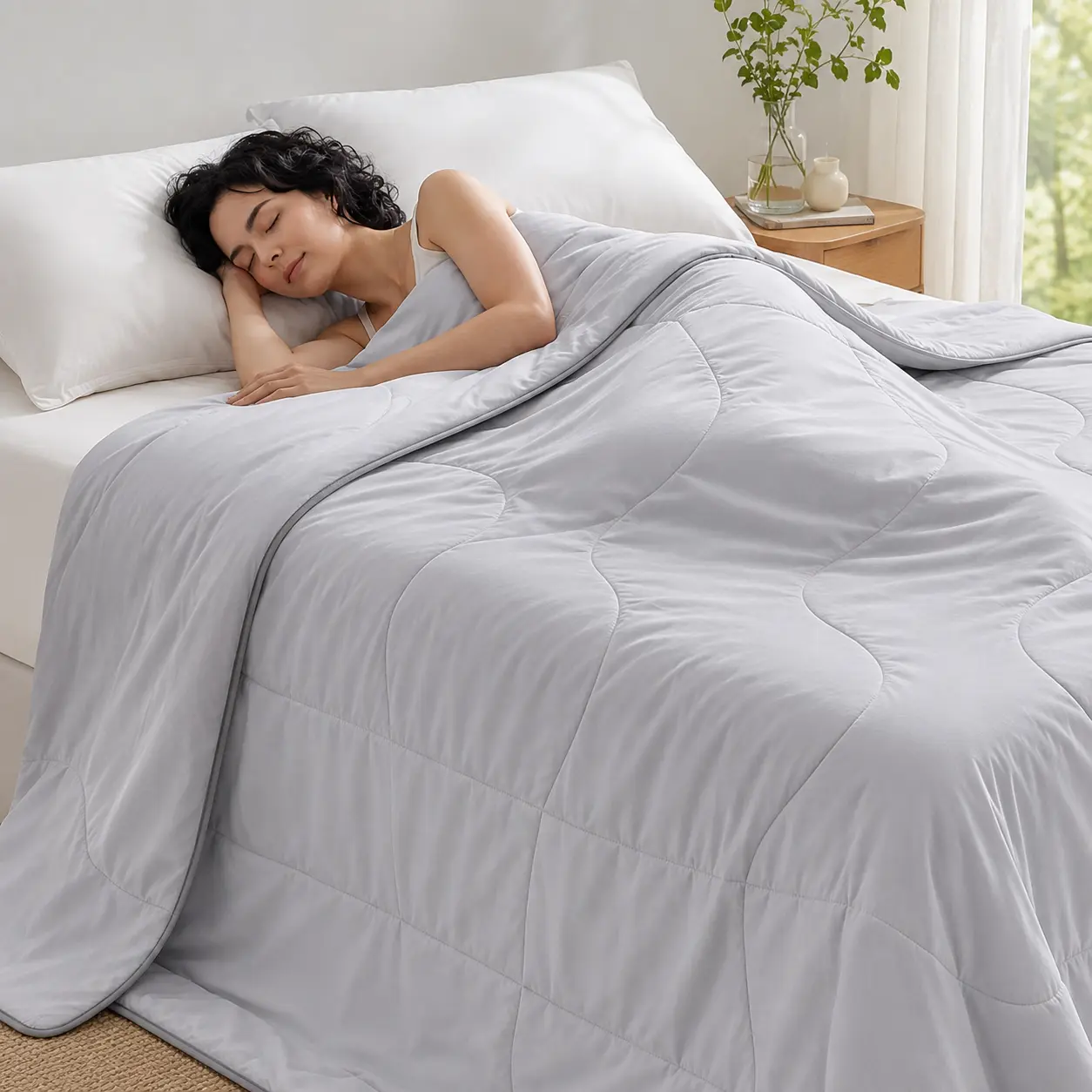 JOLLYVOGUE Cooling Comforter Queen Size - Cooling Blankets for Hot Sleepers, Lightweight Comforter for Summer with  Rayon-from-Bamboo Home Textile Blanket, Soft Breathable Cold Blanket for Sleeping, Grey, Single & Double Sizes