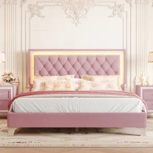 Queen Size Upholstered Bed Frame with LED Lights,Modern Velvet Platform Bed with Tufted Headboard,Pink/Grey