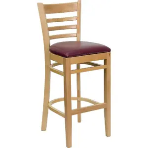 Flash Furniture  Ladder Back Natural Wood Bar Stool with Burgundy Vinyl Seat, Heavy Duty, Curved Bars
