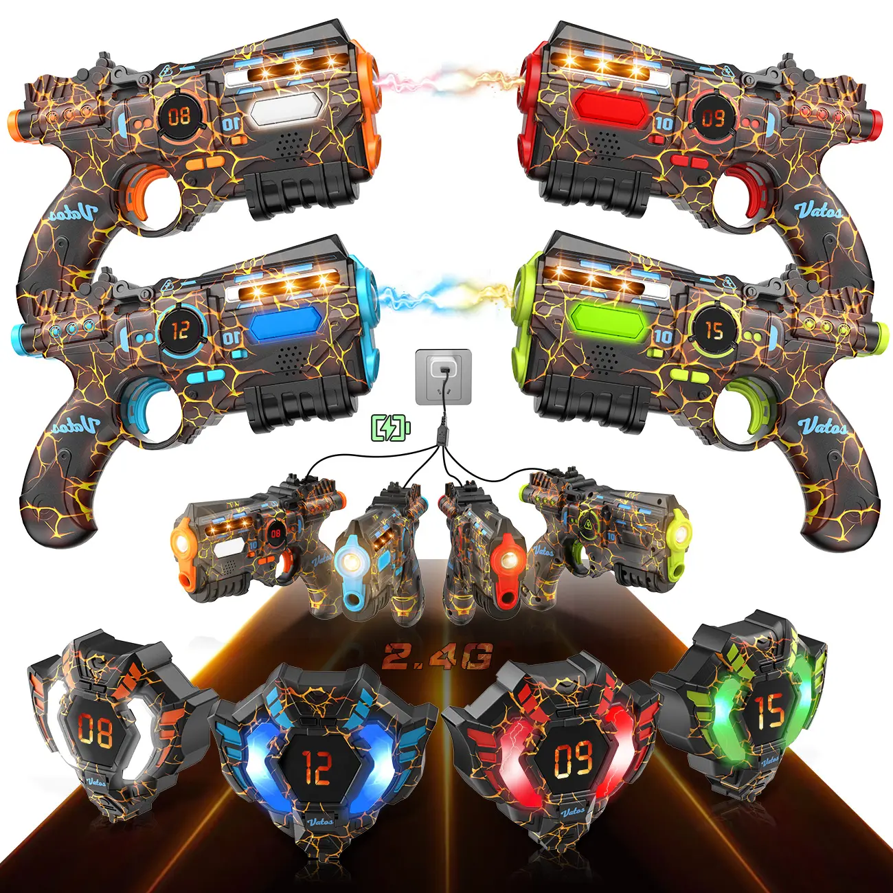 VATOS Rechargeable Laser Tag Set of 2/4 Player - 2.4GHz Data Fully SYNC 4 Gun & 4 Vest Sensors - Cool Birthday Toys & Ideas Laser Tag Gun for Kids Teen Adults for Outdoor Family Activities
