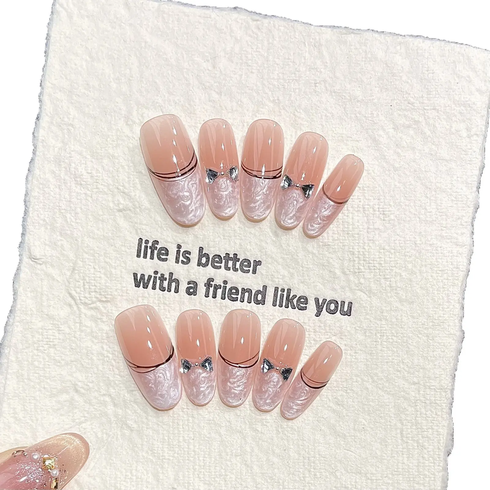 Press-on Nails Beauty Products - Hand-painted Pleated Zircon Bow, Shimmering Gradient Halo Details, Removable Reusable Push-button Acrylic Plastic Artificial Nail Stickers