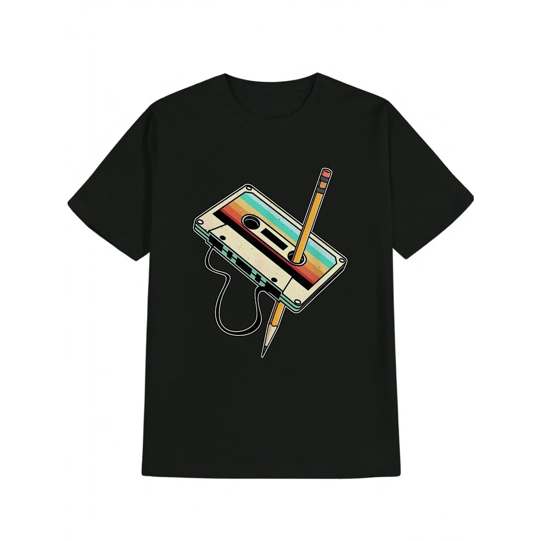 Men'S Casual Versatile Crew Neck T-Shirt with Cassette Pencil Print, Black Graphic Tee, Summer Casual Wear, Gift for Men, Relaxed Fit Tee Trendy Graphic Tee Blen