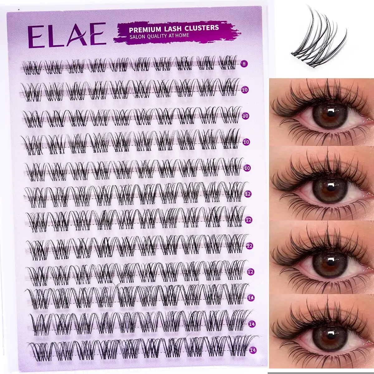 ELAE D-Curl Lash Clusters, 120pcs Reusable DIY Eyelash Extensions, 8-14mm Mixed Lengths, Wispy Manga & Doll Eye Styles, At-Home Salon-Quality Look, Makeup Product, Daily