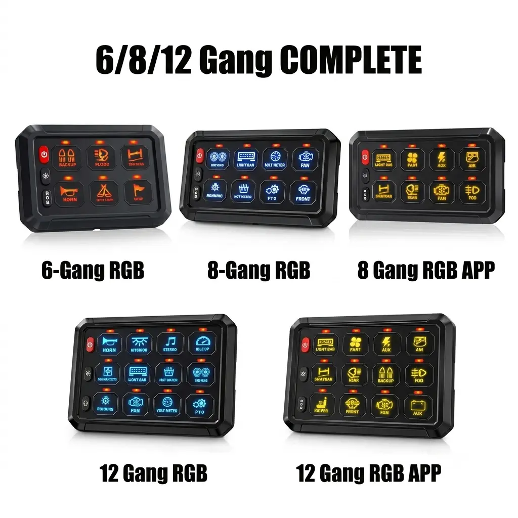 6/8/12 Gang RGB Switch Panel, 12V-24V Universal Auxiliary Control Box System with 3 Silicone Buttons, 4 Control Modes, Backlight OFF & 5-Level Brightness for LED Light Bar Rock Lights Truck SUV ATV UTV Boat