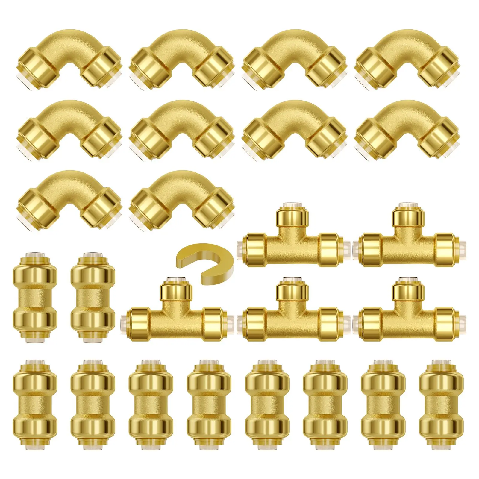 【summerfinds】VEVOR Pipe Fittings, 1/2" 25PCS (10xStraight, 10xElbows, 5xTees) Brass Pipe Fittings, Push-Fit Pipe Connector Brass Air Fittings, Plumbing Fittings Adapter for Heating/Shower Systems, Water Pipes