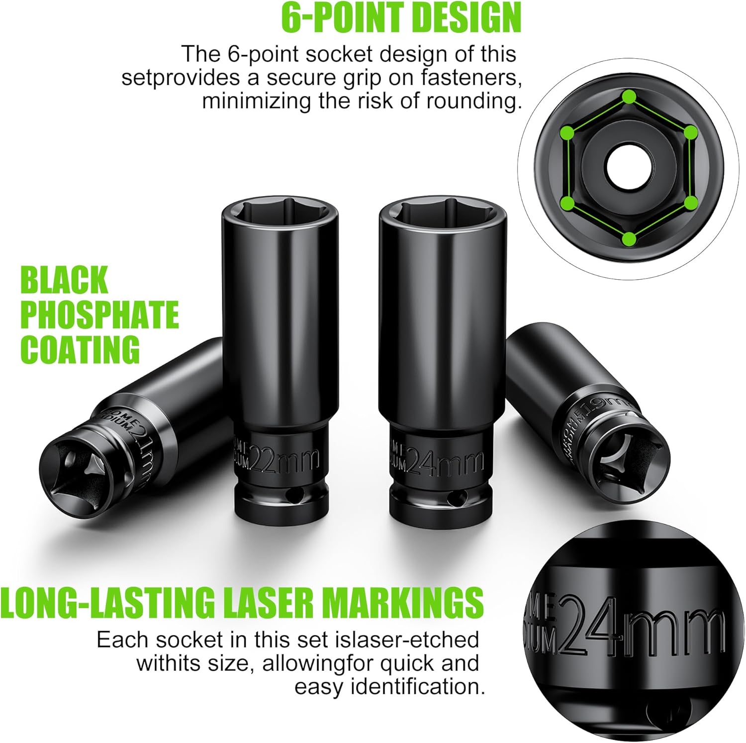 11pcs 1/2'' Drive Impact Socket Set Metric 6 Point Deep Well Cr-V Sockets (10mm-24mm) with box