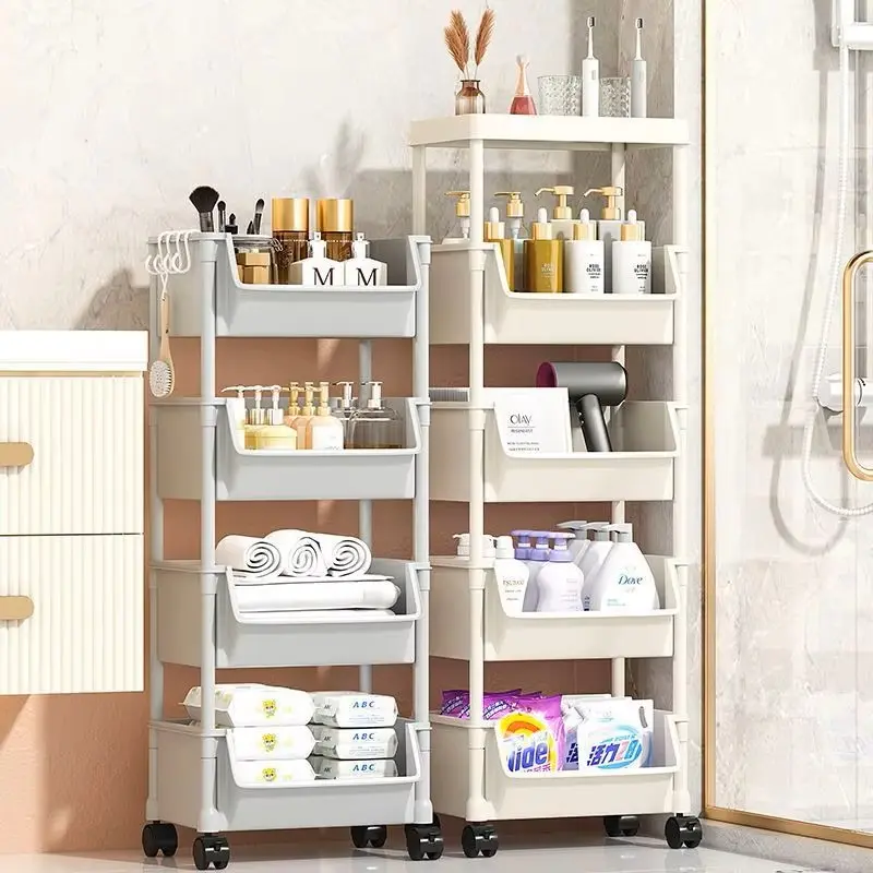 Adjustable 5-Tier Rolling Storage Car, Multi-Purpose Storage Cart With Wheels, For Kitchen, Bathroom, Bedroom, Office, Laboratory, Garage - White Plastic, Freestanding Design With Multiple Shelves And Storage Options，Organiser Racks