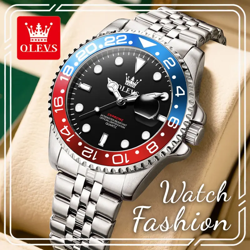 OLEVS 5657 Men's Modern Minimalist Quartz Watch - 41mm Slim Alloy Timepiece with Round Face, Mineral Glass, Backlit Self-Luminous Hands, Iconic Red-Blue Rotating Bezel, Black Dial, Single Date Display, 3ATM Waterproof Clasp, Ideal Gentlemen's Fashion Gift