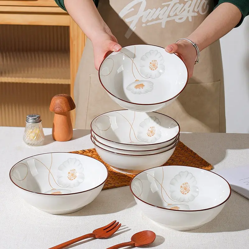 6pcs Floral Ceramic Bowls with Brown Rim, Large Serving Bowls for Ramen Soup Salad, Microwave & Dishwasher Safe, Home Kitchen Tableware
