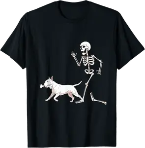 Funny Halloween Bull Terrier and Skeleton T-Shirt - Joelalbe Shop 87B0FNZ5T8N7