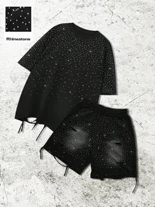 Men's Solid Color Casual T-Shirt and Shorts Set, Rhinestone Decor and Distressed Ripped Details, Fashion Streetwear for All Seasons