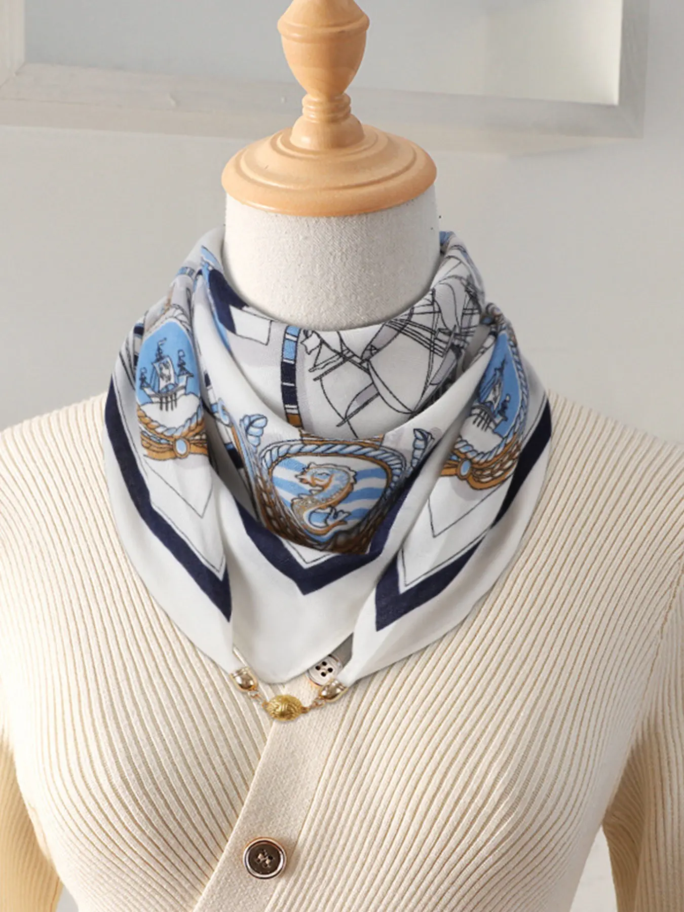 1pcs New Magnetic Buckle Women Silk Scarf, Geometric Pattern, Casual Style, All Seasons, Fitted, Spring Autumn Wraps, Cross Scarves
