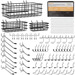 INCLY 1/4“ Extra Thick Pegboard Accessories Kit, 100 Packs Heavy Duty Metal Peg Board Hook Assortment with 3 Sizes Pegboard Basket S/M/L Fit 1/4 Inch Pegboard for Garage Wall Organizer Hanging Tools