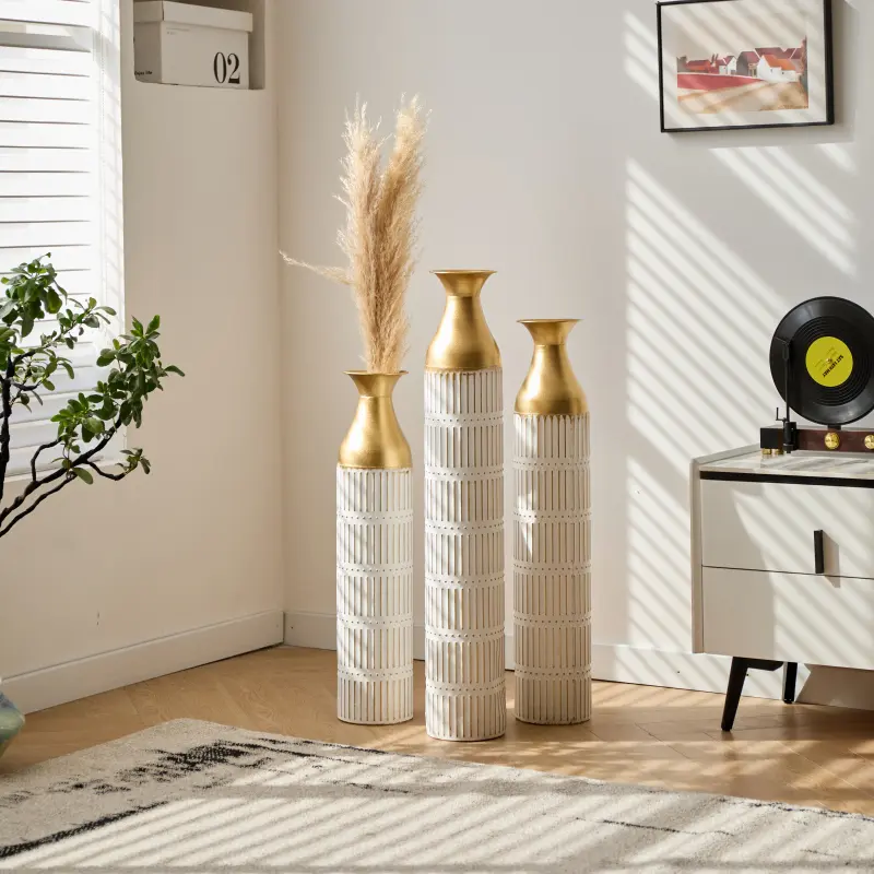 Geometric Decorative Floor Metal Flower Vases Set of 3, Large Glazed White Modern Plant Vase for Indoor Furniture Decor, 24in-28.7in-33.5in Heights, Flower Vase