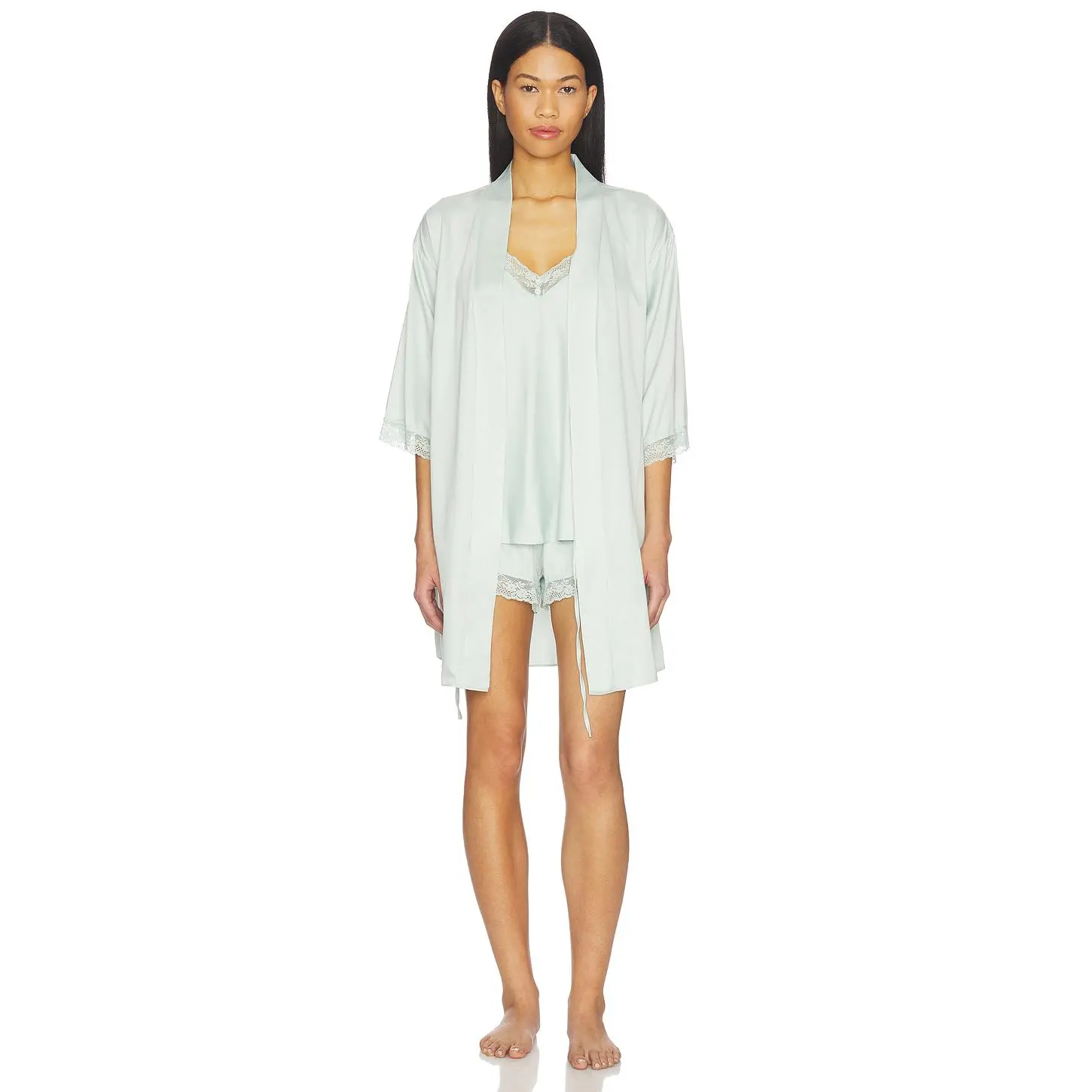 Flora Nikrooz Sonia Travel Set Solid Wrap And Cami Set With Lace in Celadon