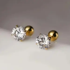 earrings  lovers 3 Pairs/Set Stainless Steel Plated with 18K Golden Four-Claw Twist Ball Round Zirconia Stud Earrings Dainty Stud Huggie