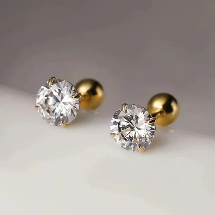 Adults' 3-Pair 18K Gold-Plated Stainless Steel Ear Studs Set - 4-Claw Twist Ball Round Zirconia, Elegant Dainty Look, Easy to Style, No Metal Coating Alternatives for Engagement