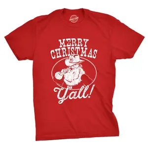 Mens Merry Christmas Yall T Shirt Funny Cowboy Santa Claus Christmas Tee Mens Funny T Shirts Cool Vintage Fashion T-Shirt Gift Classic Menswear Christmas Apparel for Men Novelty Tees for Guys Red