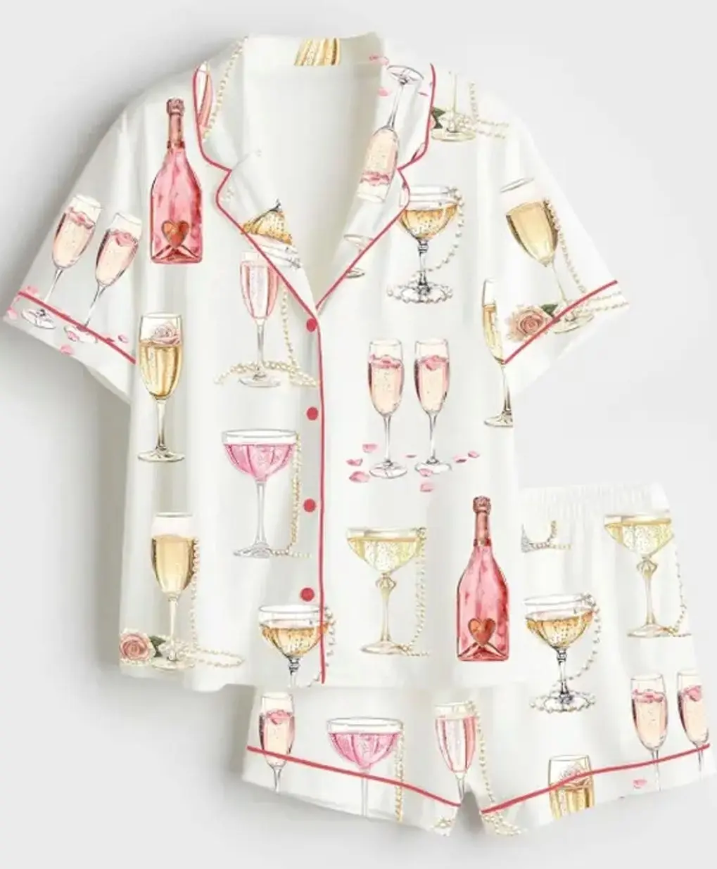 Pearls And Prosecco Bridal Shower Party Champagne Print Short Sleeve Satin Pajama Set, No Pocket Martini Pajamas, Matching Family Sleepwear Set, Cocktail Pajamas, Cute Pajama Set