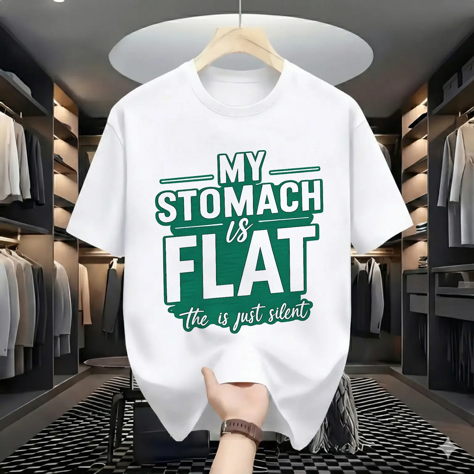 Funny "My Stomach is Flat" Graphic Tee | Silent L Humor T-Shirt | Sarcastic Aesthetic Top for Men & Women | TikTok Viral Trendy Summer Shirt