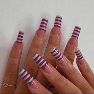 S277 Candy Stripe Press-On Nails, Red and Baby Blue French Tip Stripes, Minimal Graphic Line Design, Glossy Nude Base Finish, Playful Retro Style, Solana Nails Town