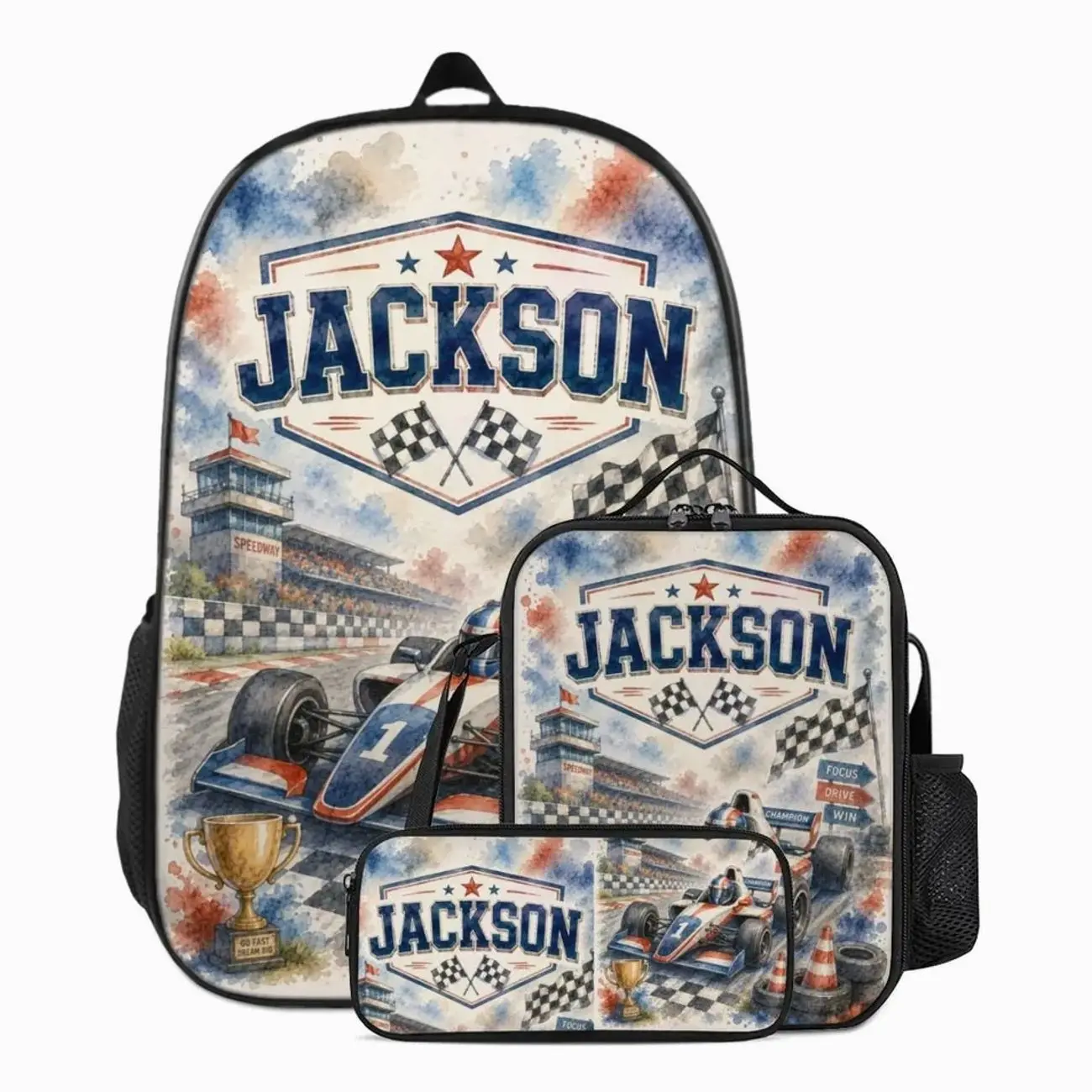 Personalized Race Car Backpack Set | Custom Name Watercolor Motorsport School Bag Insulated Lunch Box Pencil Case | Gift for Boys