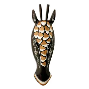 20" African Wooden Tribal Giraffe Mask Hand Carved Wall Plaque Hanging Home Decor Accent Unique Sculpture Decoration Handmade Handcrafted Flower Motif
