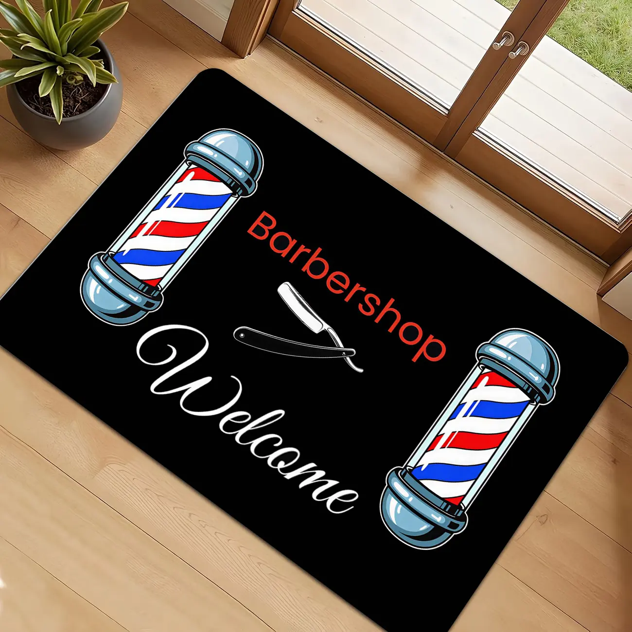 Vintage Barbershop Welcome Doormat, Barber Pole & Razor Print Non-Slip Floor Mat, Decorative Carpet for Hair Salon Shop, 1PC, Vintage Printed Rug, Creative Floor Mat, Graphic Print Mat