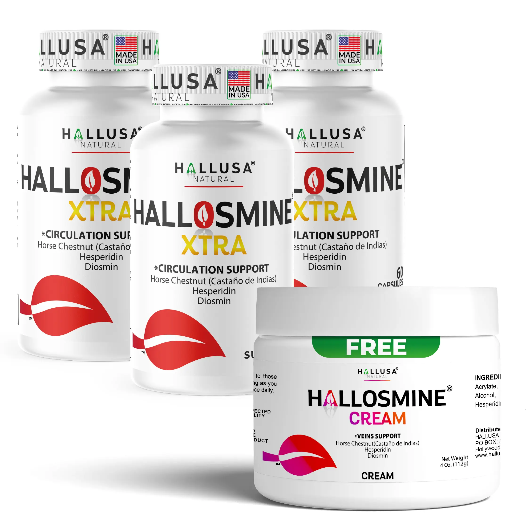 HALLUSA NATURAL HALLOSMINE XTRA Circulation & Vein Health Support Capsules, 180-Count, with Free Diosmin, Horse Chestnut Extract, and Hesperidin Veins Cream