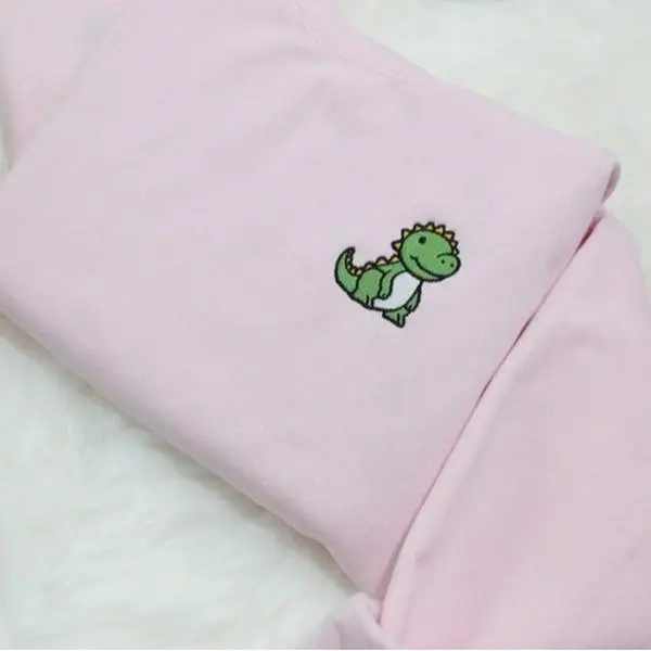 Dino Embroidered Sweatshirt Gift, Embroidered Handmade Cute Unisex Crewneck Long Sleeve Pullover Sweater - Multiple Colors