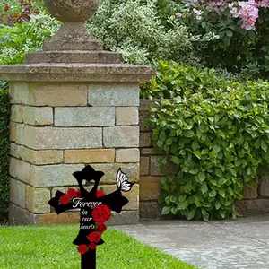 Acrylic Cross Plaque, 1 Count Memorial Stakes Waterproof Sign, Red Rose Butterfly Design Grave Markers for Cemetery Outdoors Yard Decor