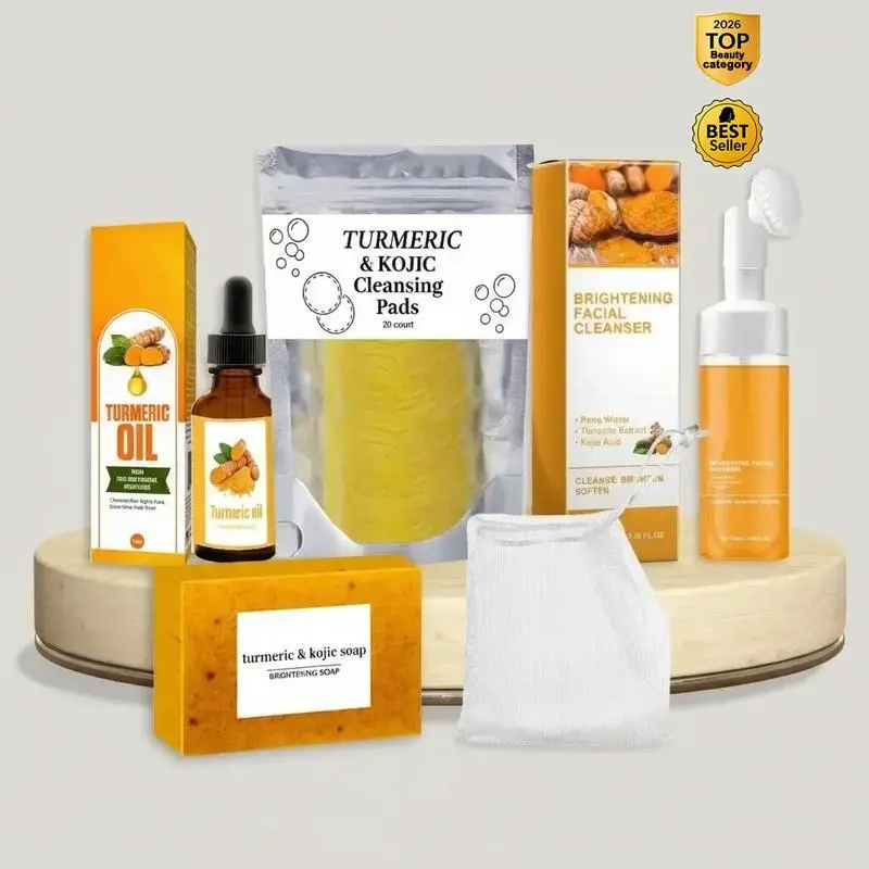 Turmeric 5-Count Multi-Pack Skincare Kit - Facial Cleanser, Cleansing Pads, Soap, Oil, Cleansing Mousse, Lathering Net - For Normal Skin, Women & Men