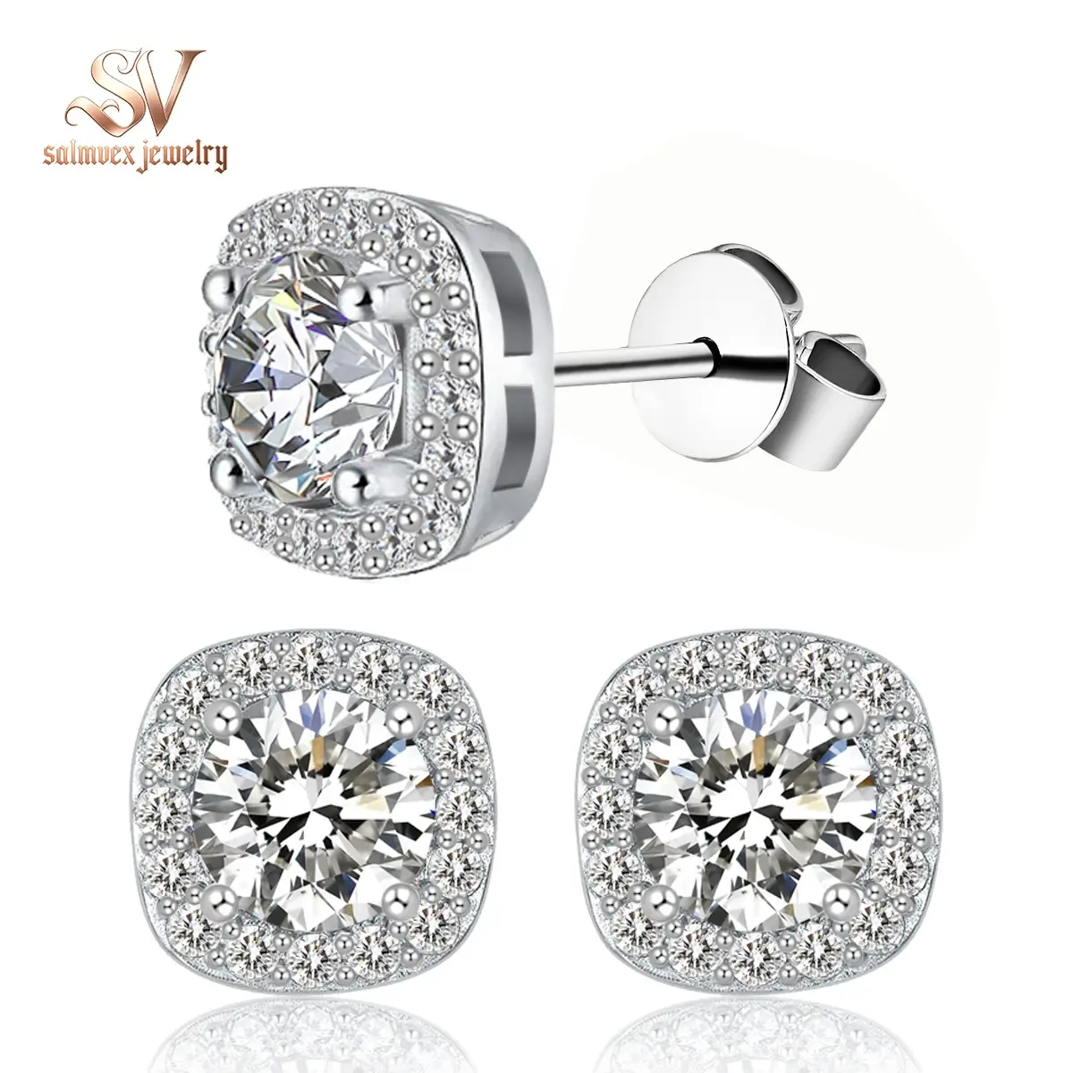 Salmvex Jewelry Halo Square Lab-Created Moissanite Stud Earring S925 Sterling Silver Moissanite Jewelry Perfect Birthday Mother’s Day Unisex Christmas Gift for Men Women Wedding Set