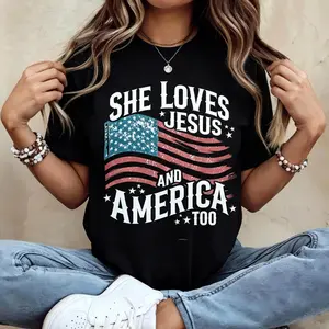 She Loves Jesus And America Too T-Shirt – Christian Patriotic 4th Of July Graphic Tee For Women